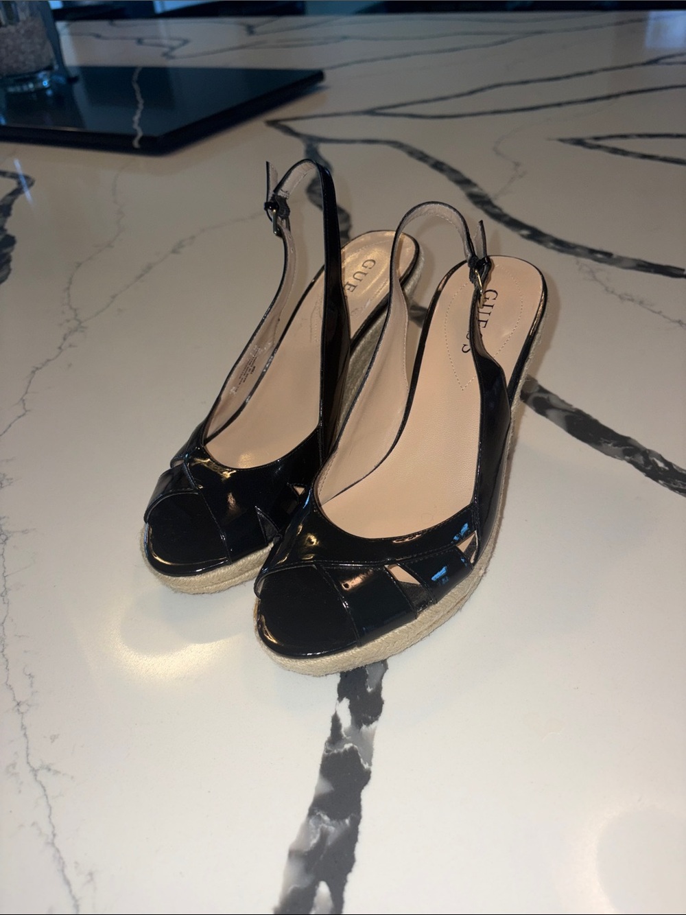 Guess Black Patent Peep-Toe Slingback Wedge Sandals